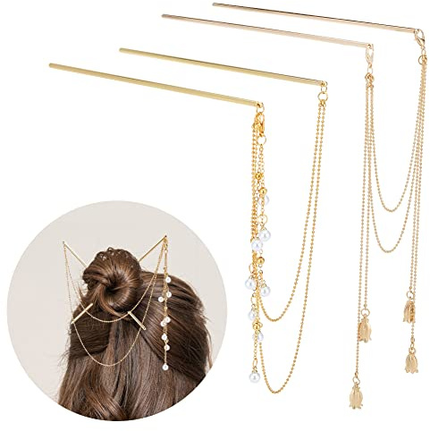 WEBBEDY - Bacchette per capelli cinesi a doppia catena, stile vintage, con nappa, accessori per capelli lunghi