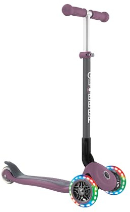 GLOBBER Primo Foldable Lights – Tretroller Kinder, 120/80 mm, ABEC 5, 3-rädrig, höhenverstellbar, LED-Rollen, lila