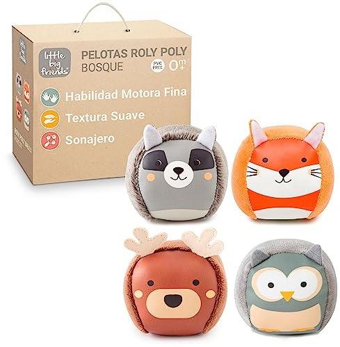Little Big Friends Les balles Doudous | Set de 4 balles sensorielles avec grelots pour bébé | Textures variées, motricité Fine, faciles à Attraper | Forêt