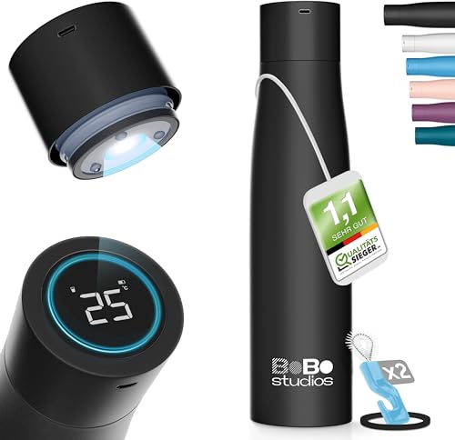 BoBo Studios Smart Bottle Gourde isotherme 500 ml en acier inoxydable, stérilisation UVC contre les bactéries, virus, froid 24 heures, chaud 12 heures, rappel de boire, écran, autonettoyant