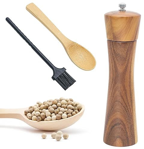 Molinillo de sal y pimienta de madera, molinillo de especias con mecanismo de molienda de cerámica, molinillo de pimienta de madera con cuchara de relleno y cepillo de limpieza (22 cm)