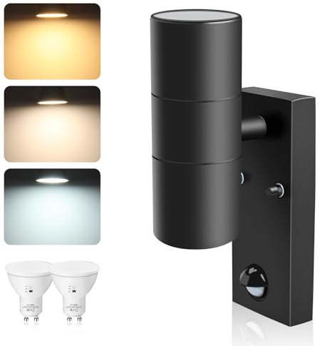 ALUSSO Up Down LED Wall Light PIR Motion Sensor, Black | 2×8W GU10 Bulbs Included, 750LM 3000K 4000K 6000K Adjustable Stainless Steel Lamp, Outdoor Security Light IP65 Waterproof