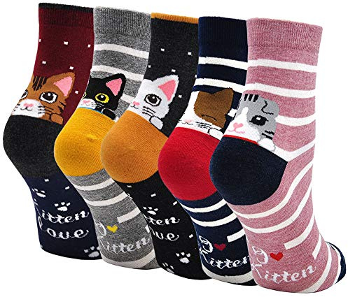 ZFSOCK Barnstrumpor Strumpor Flickor 27-30: Färgglada sneakersstrumpor för barn av bomull Roligt motiv karikatyr djur katt Julklappsidéer 5 par