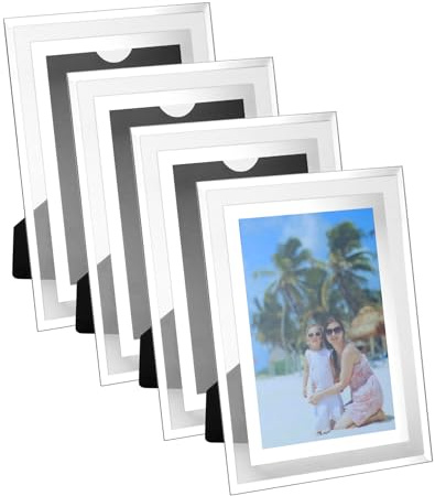 QWORK® 4 Pack Glass Photo Frame - 6x4 Inch - Tabletop Wall Mount Display Glass Frame for Wedding Home Offices Business