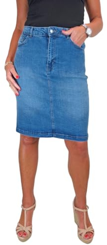 Paulo Due Jupe en Jean Extensible pour Femme, Jupe Crayon Longueur Genou Bleu Moyen Délavé 38-50 (48)