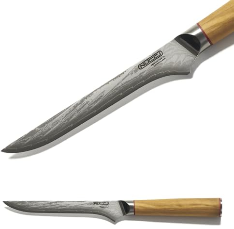 CLASSE ITALY Coltello Disosso cm 13 in Acciaio Giapponese AUS 10 a 67 strati, Affilato a mano, Manico in Olivo, Panno pulizia incluso