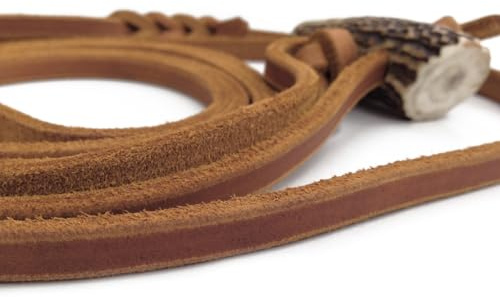 Lautlose Jagdleine aus Fettleder mit hochwertigen Horn Riemenführungen Cognac mit Kehlkopfschutz