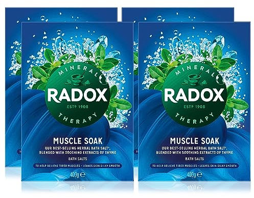 Radox Muscle Soak Bath Therapy Thyme Scented Herbal Bath Salt with expertly Blended Herbs and Minerals to Soothe and soak Your Tired and Aching Muscles, 400g Multi Buy 4 Pack