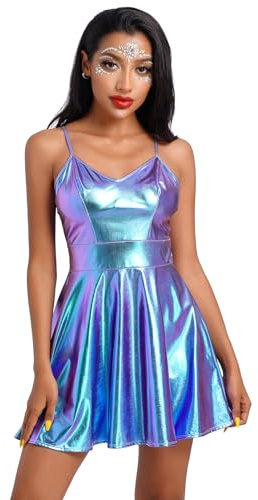 Damen Space Girl Kost?m Metallic Minikleid Tr?gerkleid Rave Outfits ?rmellos Glitzer Wetlook Holographisches Partykleid Gl?nzend Skaterkleid Festival Alien Cosplay Fasching 80er Clubwear Laser Blau XL