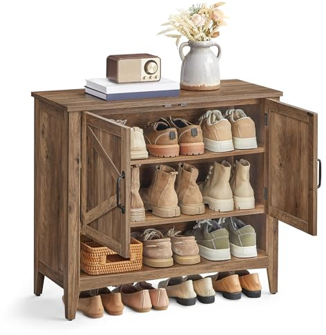 VASAGLE LIRY Collection - Shoe Cabinet, 3-Tier Storage Organizer, Shoe Shelf, Farmhouse Freestanding Cabinet, Height-Adjustable Shelf, 13.8 x 31.5 x 27.6 Inches, Honey Brown ULBC038B01