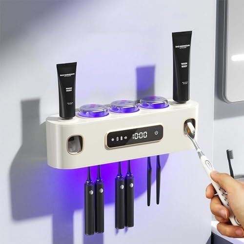 Badezimmer Organizer ZahnbüRstenhalter Elektrischer Zahnpasta-Spender FüR Kinder Und Erwachsene Tubenquetscher FüR Alle Tube ,2 Zahnpastaspender Mit 6 ZahnbüRstenschlitze Und 3 Tassen (Weiß)