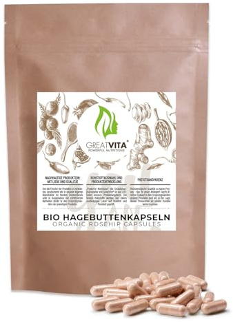 GreatVita Bio Hagebutten Kapseln 420 Stück | 500mg/Tabletten Hagebuttenpulver - 3000mg Tagesdosis | 100% rein ohne Zusätze | Laborgeprüft EU-Anbau (DE-ÖKO-037)
