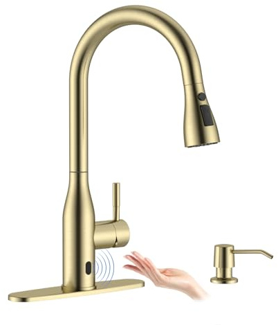 APPASO Touchless Kitchen Faucet Gold, Touchless Kitchen Faucet with Soap Dispenser, Pull-Down Sprayer, Single Handle Stainless Steel, Hands Free for 1-4 Hole Sink, Brushed Gold, Easy Installation