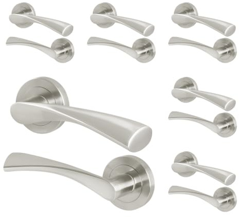 EAI Satin Nickel Door Handles, 6 Pairs Lever on Rose - Novoli | 6 Pairs of Lever on Rose Internal Door Handles, Fixings Included