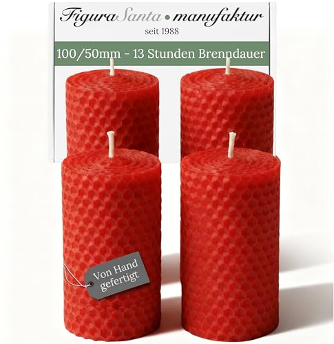 Figura Santa® 4 Bienenwachskerzen rot 10 * 5 cm - Wabenkerzen 100% Kerzen Bienenwachs Bio handgefertigt - Kerzen Adventskranz Weihnachtskerzen Honigkerzen ohne Paraffin - 13 Std. Brennzeit