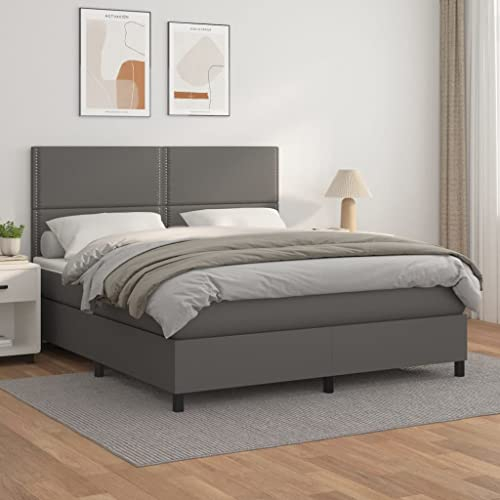 OHOOWOO Boxspringbett mit Matratze Grau 180x200 cm Kunstleder,Exklusives Boxspringbett für erholsamen Schlaf Verstellbares Kopfteil, Kunstleder, Taschenfederkernmatratze