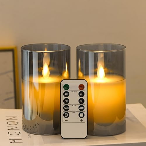 FiiMoo LED-Kerze, 2 Stück, batteriebetrieben, LED-Kerzen ohne Flamme, Kerze mit Fernbedienung, batteriebetrieben, Kerzen für Weihnachten, Party, Urlaub, Hotel Dekoration, 12,5 cm, graues Glas