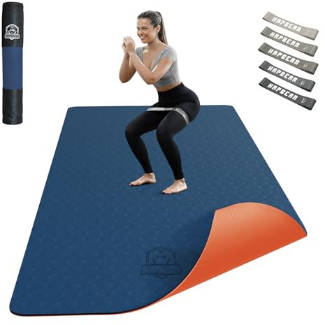 HAPBEAR Yogamatte XXL-183cmx91cmx6mm Dicke, Extra Groß Rutschfest Breit Yoga Matte, Gymnastikmatte Sportmatte Fitnessmatte,TPE Matte Trainingsmatte,Inklusive Resistance Bands & Tragetasche,Marineblau