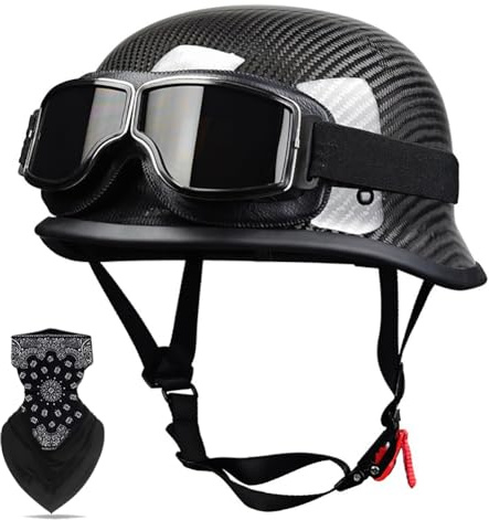 Labzaa German Style Carbon Fiber Halbschalenhelm mit ECE, Retro Cap Half Face Shell Motorradhelme mit verstellbaren Schnellverschluss & Schutzbrillen für Erwachsene Männer Frauen B XXL