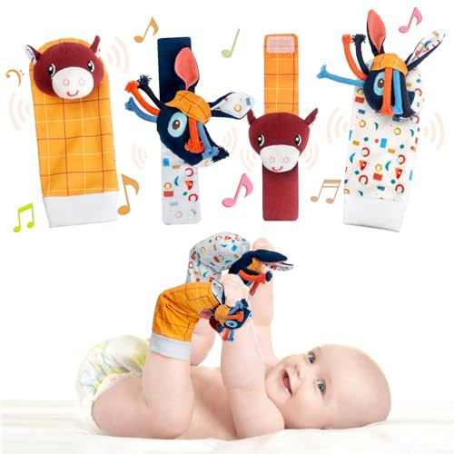 Accevo Ensemble de chaussettes pour bébé avec hochet et pied - Pour bébé - Bracelet - Hochet - Pieds - Chaussettes de cheville - Jouet sensoriel doux - Cadeaux pour bébé de 0 à 12 mois - Fille et