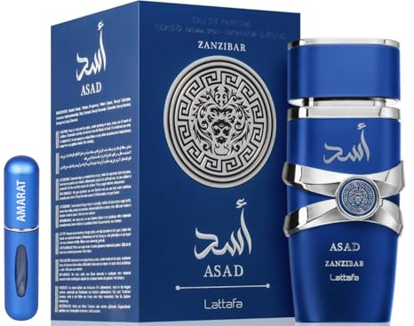 Lattafa Asad Zanzibar EDP 100 ml, Perfume Árabe para Hombre de Larga Duración Incluye Atomizador, Fragancia fresca tropical y especiada con cítricos frutas exóticas ámbar y maderas (Zanzibar)