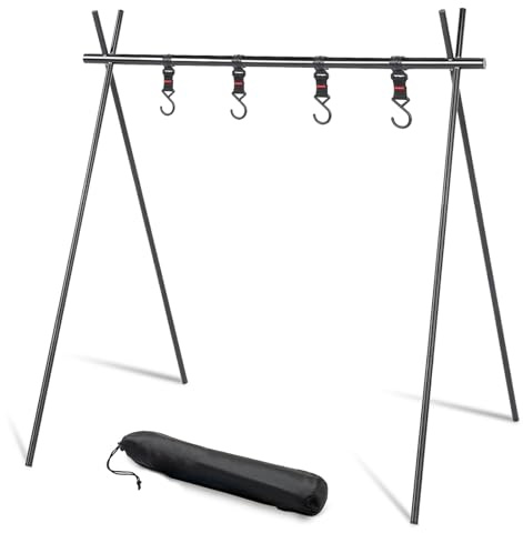 YERGOFE Foldable Tripod Camping Hanging Rack - 4 Hooks Outdoor Cookware Storage Portable, Outdoor Camping Folding Rack (Large)
