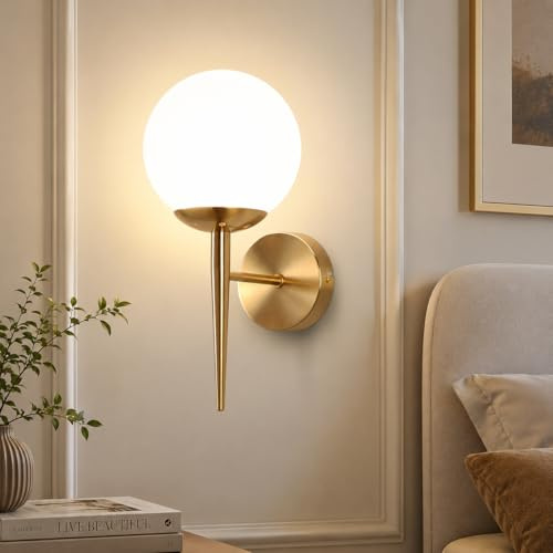 ZMH Wandleuchte Innen Wandlampe Schlafzimmer Glas Lampenschirm Flurlampe | Treppenhaus Gold Vintage Schlafzimmerlampe Glaskugel Modern Design Badezimmer E27 Beleuchtung für Flur Bad Ohne Leuchtmitte