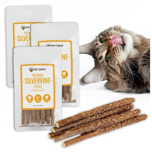 Hide & Scratch Premium Silvervine Sticks for Cats with Gall Fruit Powder for Extra Potency; Cat Enrichment Cat Chew Toy and Dental Sticks - More Effective Than Catnip Toys! (3 Packs of 12)