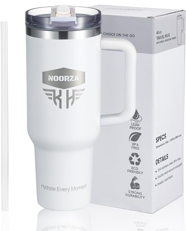 NOORZA Bicchiere Termico 40 Oz (1,18 L) con Manico –Tazza in Acciaio Inossidabile a Doppia Parete senza BPA –Mantiene le bevande fredde o calde per ore –Con Cannuccia e Coperchio Ermetico –Bianco