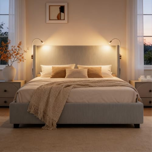 BRILVERDE Polsterbett 140x200 cm, Doppelbett mit LED-Leseleuchte und USB, Hydraulisch Stauraumbett, Jugendbett mit kopfteil und Lattenrost, Bettrahmen, Cordstoff (Grau, 140 x 200 cm)