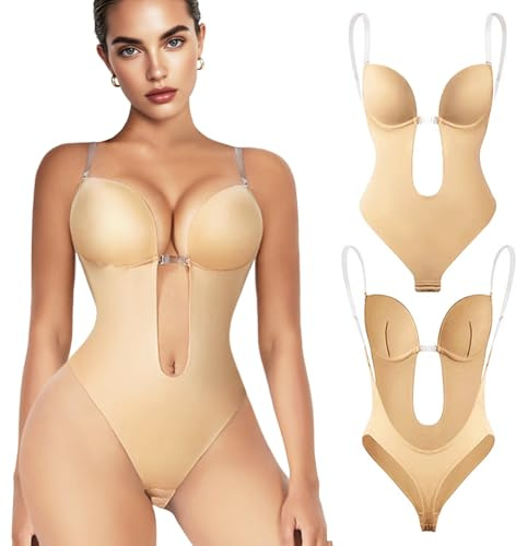 FUIPVGI Body Reductor Mujer Body Moldeador Mujer Backless Profundo Cuello en V Fajas Reductoras son Tirantes Ajustables Invisibles Para Vestido de Fiesta,Lencería Nupcial (Beige)