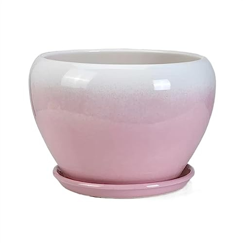 Macetas grandes de cerámica de color degradado con bandeja, bonitas macetas redondas para suculentas, flores y jardinería interior y exterior (rosa), perfectas para decoración del hogar y vegetación