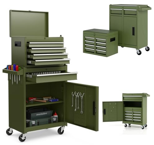 SOARS Servante d’Atelier, Chariot d’Atelier avec 5 Compartiments, 2 Étagères, Coffre Outils Amovible & Armoire à Outils, Verrouillable, 59 X 28 X 102 CM, pour Garage, Atelier, Maison (Vert)