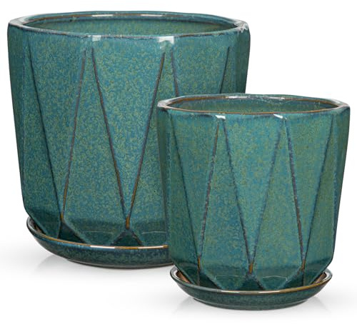 Oairse 2er-Set Blumentopf Keramik 18cm+14cm, Mittelgroßer Zylinder Blumentopf, Reaktive Glasur mit Drainageloch-Untersetzern für Zimmerpflanzen, Retro-Dekoration für Gartenbehälter-Sets im Freien