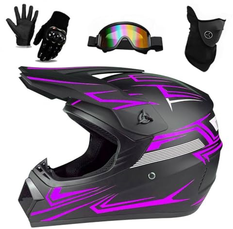 Casco Integral para Motocicleta Todoterreno para NiñOs Y NiñAs, Ideal para Paseos En Calle, ATV, Bicicleta de MontañA, con Gafas Y Guantes, Aprobado por El Dot(Purple,S(52-53cm))