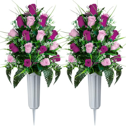 Kukooka Artificial Cemetery Flowers - Set of 2 Grave Memorial Rose Flowers with Vase for Cemetery Headstones Gravesites Decoration (Purple & Pink)