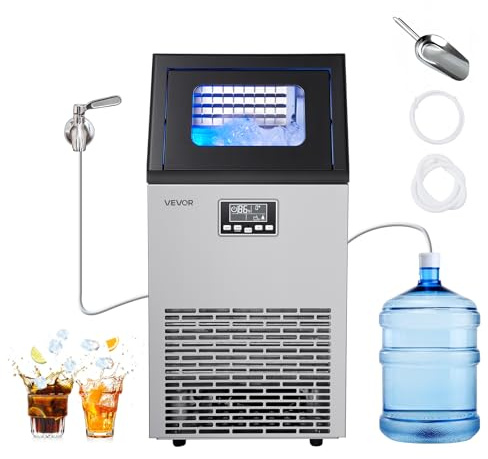 VEVOR Commercial Ice Maker Machine with 2 Water Inlets, 120 lbs/24h with 28Lbs Storage, Stainless Steel Freestanding & Under Counter Ice Maker with LED Display & Self-Cleaning, for Home Bar Restaurant