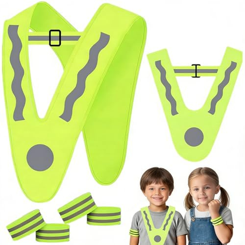 MINGBOLIN Chaleco reflectante en forma de V para niños, 2 unidades Chaleco reflectante para niños Chaleco de seguridad para niños y 4 bandas reflectantes