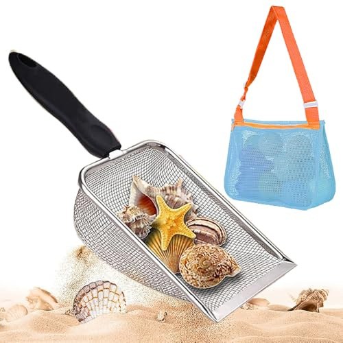 SKIKHN Strand-Netz-Schaufel, Edelstahl Strand Mesh Schaufel mit Netz-Strandtasche, Haifischzahnsieb, Strandspielzeug zum Aufheben von Muscheln, Sandschaufel für Jungen Mädchen