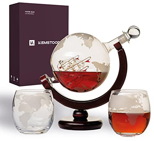 Kemstood Juego de decantador de whisky (850 ml) – Juego de decantador de whisky grabado del globo mundial para hombres con 2 vasos en caja– Accesorios de bar para el hogar para todo tipo de bebidas