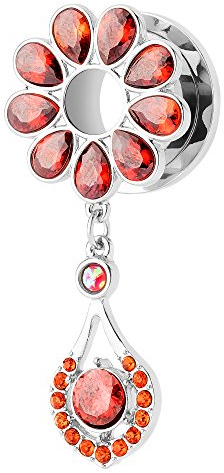 Piercingfaktor Flesh Tunnel Ohr Piercing Plug Ohrpiercing Schraub Ear Edelstahl mit Strass Kristallen Tropfen Anhänger Schraubverschluss Silber Rot 6mm