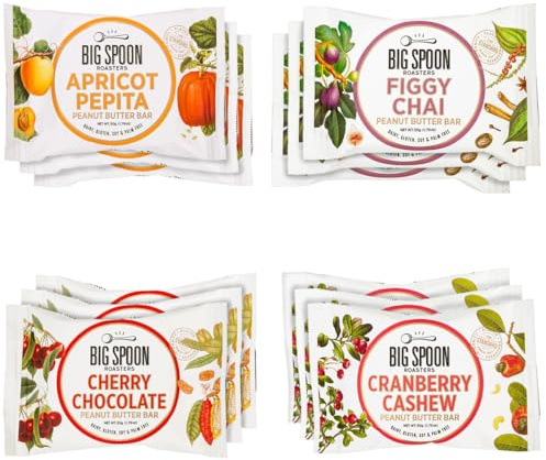 Big Spoon Roasters Nut Butter Bars Pack Cherry Pecan, Apricot Pepita, Cranberry Cashew & Figgy Chai High Protein Bars Variety Pack with Non GMO Pea Protein 12 Count (3 of Each Flavor) 1 Case Variety