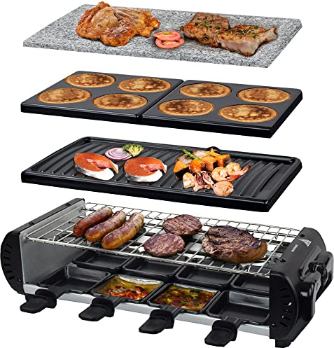 Syntrox Germany Raclette Liestal, 8 Personen, 8 Pfännchen, 4 Grillplatten/heißer Stein, antihaftbeschichtet, 1200W