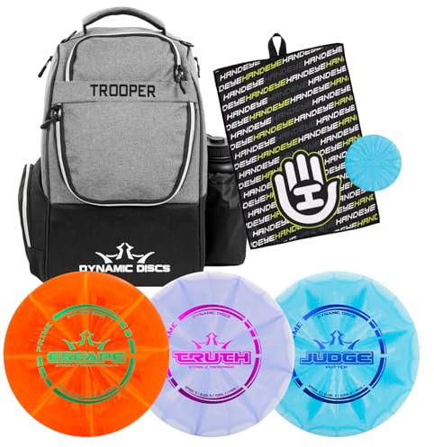 Dynamic Discs Trooper Disc Golf Backpack Starter Set | Prime Disc Golf Set of 3 – Judge, Truth & Escape | Prime Burst Base Plastic | Ideal for Beginners & Recreational Players (Heather Gray)