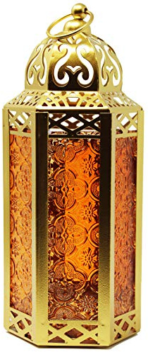 Goldene marokkanische Kerzenlaterne, dekorative Kerzenhalterlampe für Tisch oder zum Aufhängen, Ramadan, Terrasse oder Veranda im Freien, Hochzeiten, bernsteinfarbenes Glas, mittelgroß
