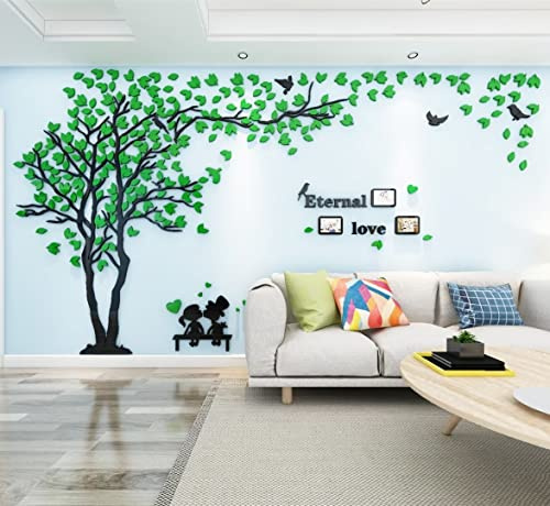 Baum Wandaufkleber Wandtattoo 3D DIY Sticker mit Familie Bilderrahmen Fotorahmen Wandbilder Wandkunst für Wohnzimmer Schlafzimmer (Grün Links,M-130 * 250cm)