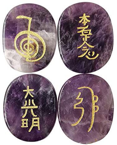 Amethyst 4er Set Reiki Steine graviert – Cho Ku Rei Sei Hei Ki – Edelstein Heilstein Meditation 25mm