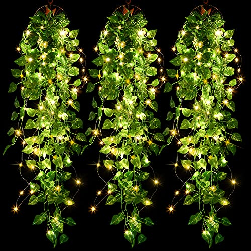 3 Pieces Artificial Hanging Plants 3.6 ft Fake Ivy Vine Leaves Hanging Plants Garland with 3 Pieces 30 LED Strings for Wall Home Garden Wedding Garland Outside Decoration, No Baskets
