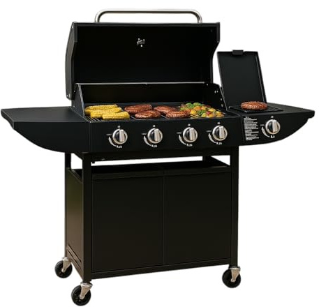 CF 4+1 Gas BBQ, Grill Barbeque With Warming Rack And Side Burner, Large Grill Gas BBQ With Thermometer, Set On Wheels iron