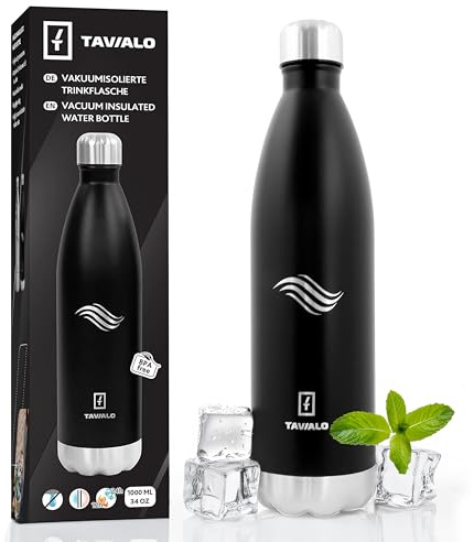 TAVIALO Edelstahl Trinkflasche 1L – Thermos Isolierflasche 500ml/750ml/1000ml, BPA-frei, Kohlensäure geeignet, doppelwandig, hält Getränke 24h kalt & 12h heiß – für Sport, Reisen & Outdoor (Schwarz)